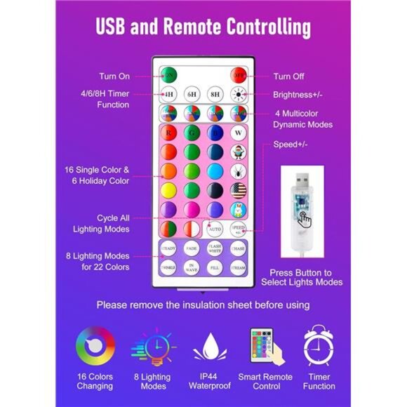 Color changing fairy lights 33ft LED string lights with remote USB indoor decor - Picture 6 of 7